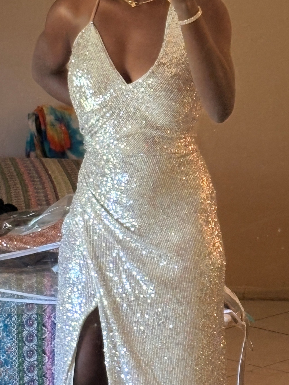 Sequin V-Neck Spaghetti Strap Evening Dress